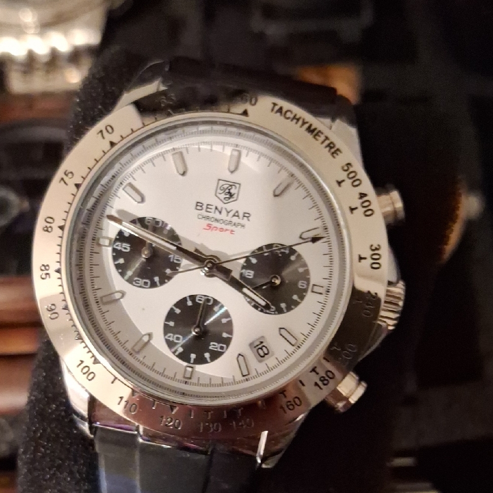 Benyar Chronograph Watch with Black Leather Strap